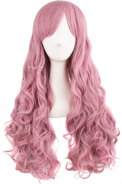 MapofBeauty 28"/70cm Lolita Long Curly Clip on Ponytails Cosplay Wig (Rouge Pink)
