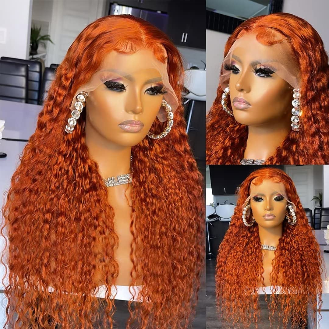Daules Ginger Curly Lace Front Wigs Human Hair Deep Wave for Women 13x4 HD Transparent Pre Plucked Curly Wigs 180% Density Orange Colored Glueless Wig Super Soft True to length 34 Inch