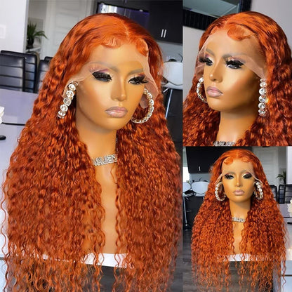 Daules Ginger Curly Lace Front Wigs Human Hair Deep Wave for Women 13x4 HD Transparent Pre Plucked Curly Wigs 180% Density Orange Colored Glueless Wig Super Soft True to length 34 Inch
