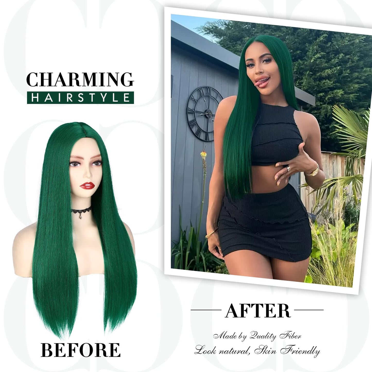 WIGER Green Wig Long Straight Hair Wigs Middle Part Natural Heat Resistant Synthetic Fiber Party Cosplay Costume Full Wigs for Women Girls