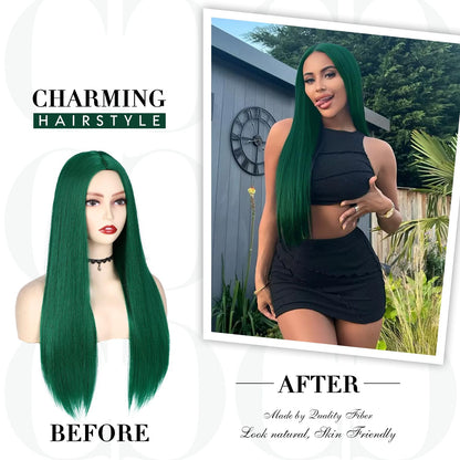 WIGER Green Wig Long Straight Hair Wigs Middle Part Natural Heat Resistant Synthetic Fiber Party Cosplay Costume Full Wigs for Women Girls