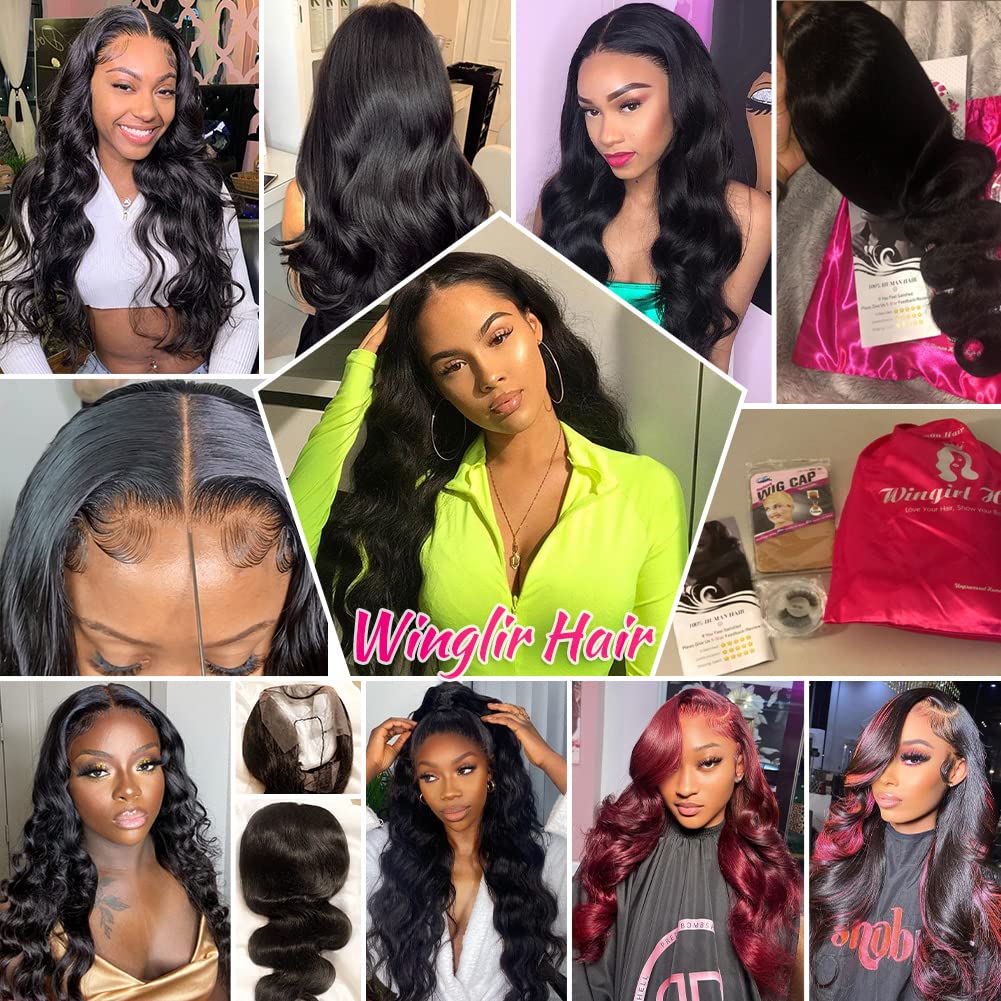 Wingirl 13×5 Lace Front Human Hair Wigs for Women 12A HD Transparent Body Wave Lace Front Wigs Human Hair Pre Plucked Bleached Knots (22 Inch (Pack of 1), 220% 1B# Color)
