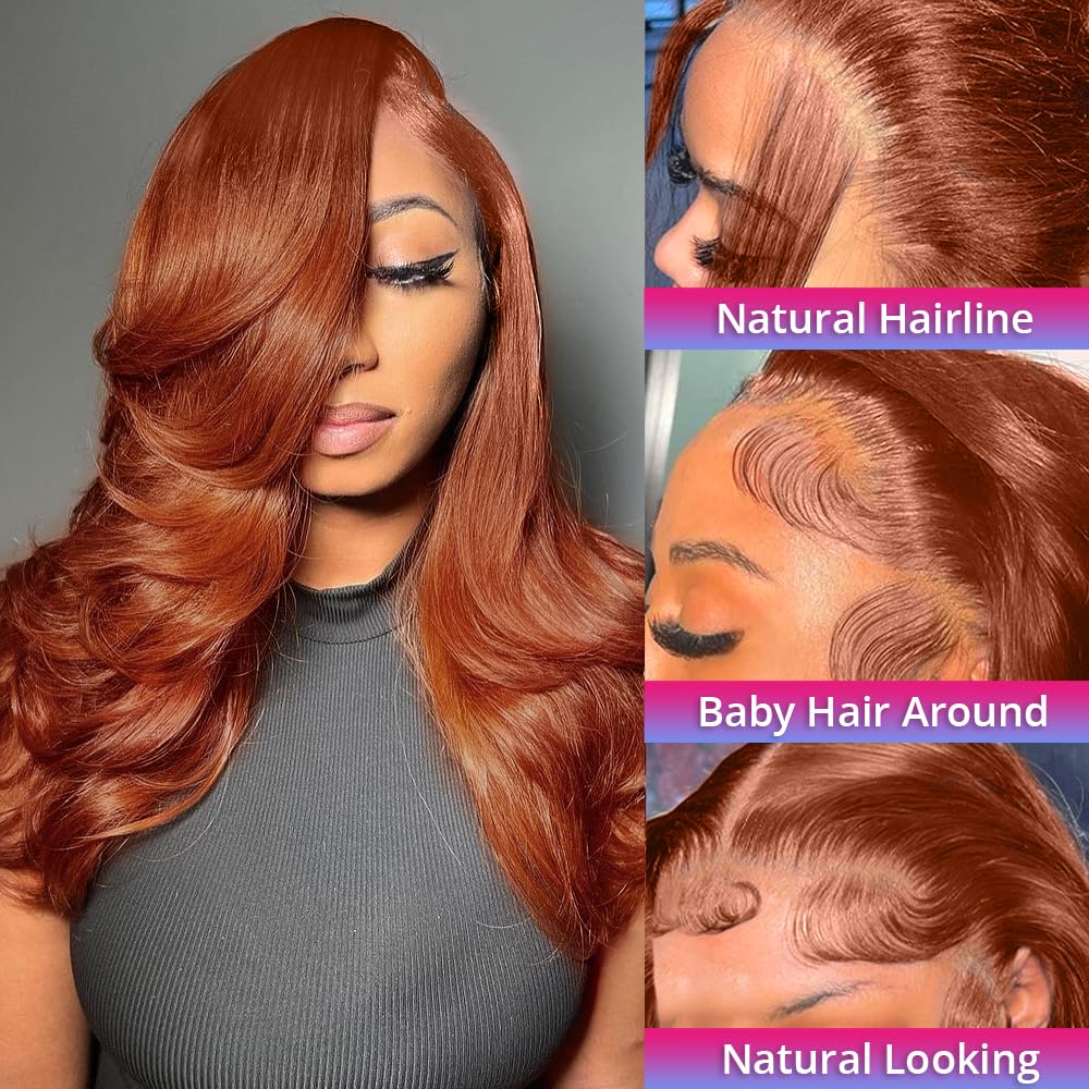 Daphernew 200 Density 13x6 Reddish Brown Lace Front Wigs Human Hair Pre Plucked 13x6 HD Transparent Body Wave Lace Front Wigs With Baby Hair Ginger #33 Colored Human Hair Wig For Women (22 Inch)