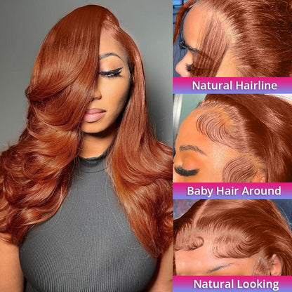 Daphernew 200 Density 13x6 Reddish Brown Lace Front Wigs Human Hair Pre Plucked 13x6 HD Transparent Body Wave Lace Front Wigs With Baby Hair Ginger #33 Colored Human Hair Wig For Women (22 Inch)