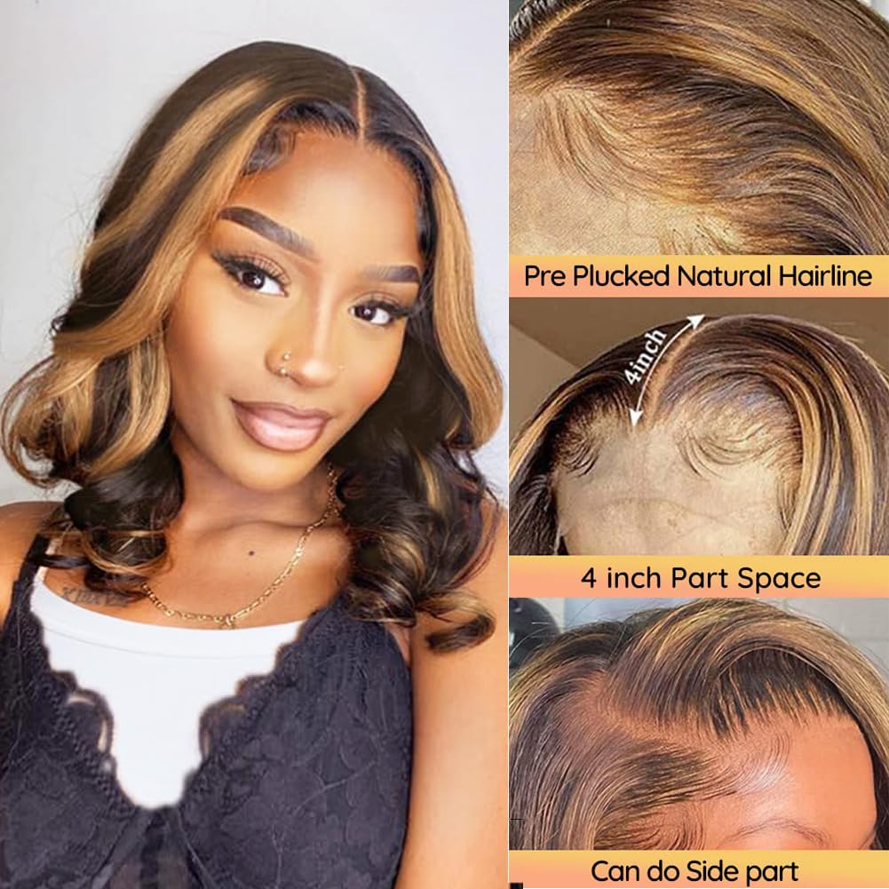 Honey Blonde Bob Wig Human Hair 16 Inch 13x4 Body Wave 4/27 Highlight Ombre HD Lace Front Wigs Human Hair Pre Plucked Glueless Lace Frontal Bob Wigs for Women