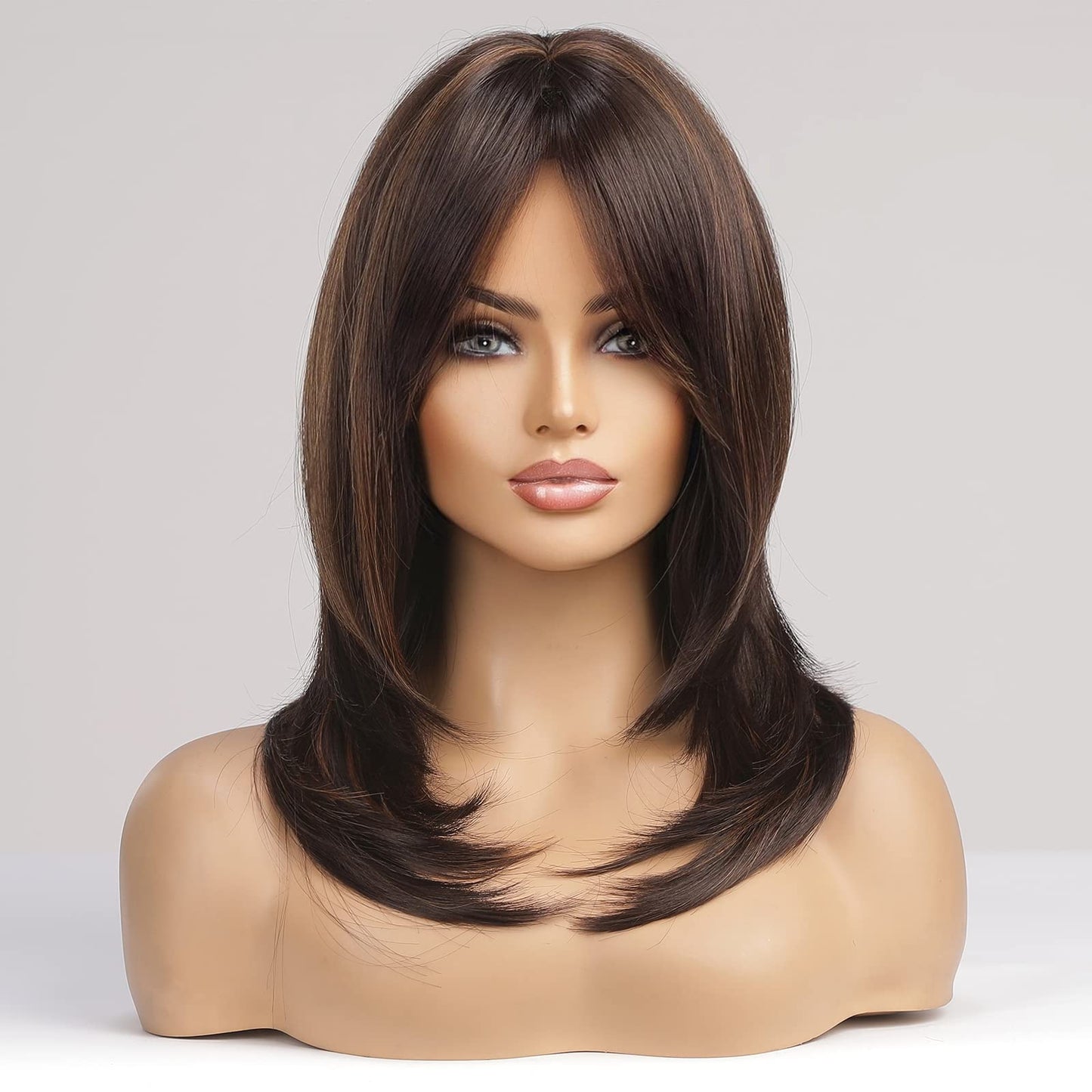 Alanhair Brown with Blonde Highlight Wigs for Women,Shoulder-Length Wig with Bangs Synthetic Hair Layered Wigs Heat Resistant Fibre Natural and Realistic