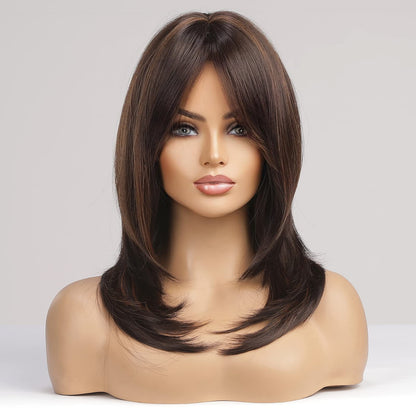 Alanhair Brown with Blonde Highlight Wigs for Women,Shoulder-Length Wig with Bangs Synthetic Hair Layered Wigs Heat Resistant Fibre Natural and Realistic