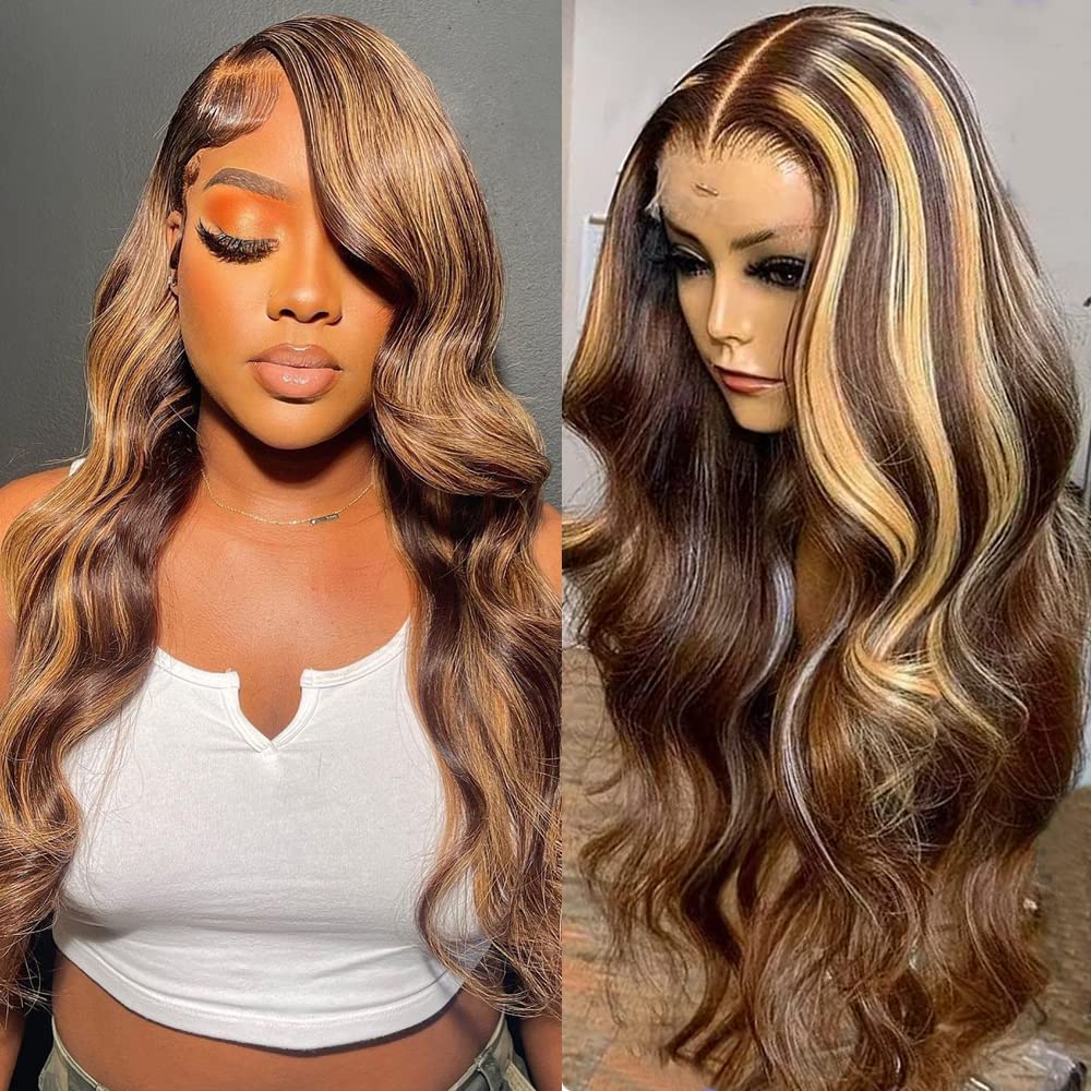 Loyom Highlight Ombre Lace Front Wig Human Hair Pre Plucked 13x4 HD Transparent 4/27 Honey Blonde Lace Front Wig Human Hair with Baby Hair 200 Density Body Wave Lace Front Wigs Human Hair 20 Inch