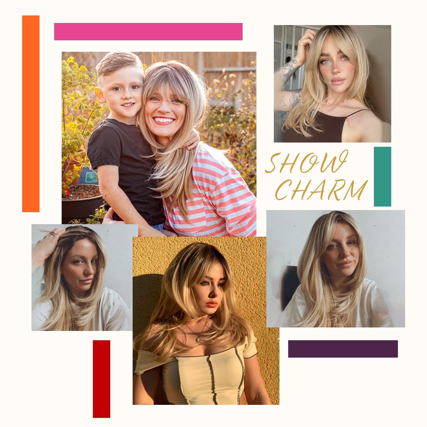 Alanhair Long Ombre Blonde Wigs for Women,HAIRCUBE Layered Synthetic Wig with Bangs Heat Resistant Fiber Daily 24 Inch