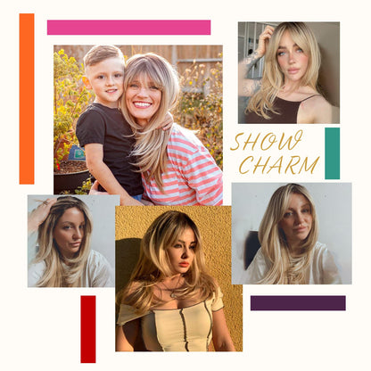 Alanhair Long Ombre Blonde Wigs for Women,HAIRCUBE Layered Synthetic Wig with Bangs Heat Resistant Fiber Daily 24 Inch