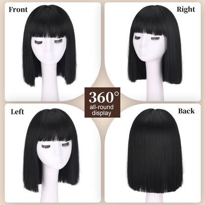 Short Black Straight Wig with Bangs Black Wigs for Women Bob Shoulder Length Wigs Heat Resistant Fiber Synthetic Hair Wigs Hair Replacement Natural Looking(12INCH)