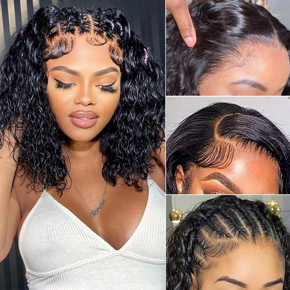 13x4 Lace Front Wigs Human Hair Pre Plucked 180 Density Brazilian Wet and Wavy Human Hair Wigs for Black Women Glueless Curly Lace Frontal Wig Natural Color (10 Inch)