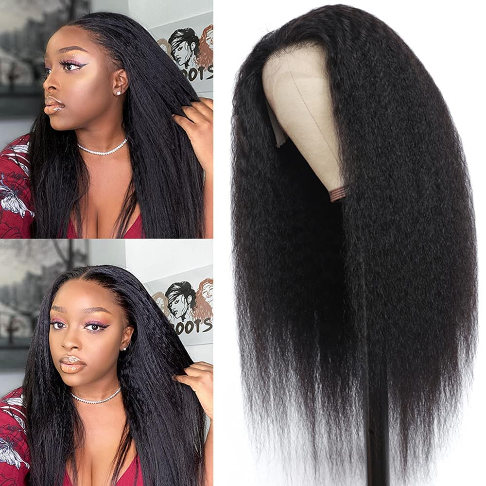 Alidiamond 22 Inch Kinky Straight Human Hair Wigs Yaki Straight Lace Front Human Hair Wigs, 180 Density Brazilian Kinky Straight Wigs for Black Women Natural Color