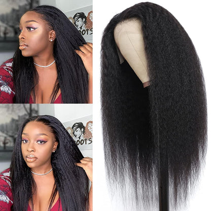 Alidiamond 22 Inch Kinky Straight Human Hair Wigs Yaki Straight Lace Front Human Hair Wigs, 180 Density Brazilian Kinky Straight Wigs for Black Women Natural Color