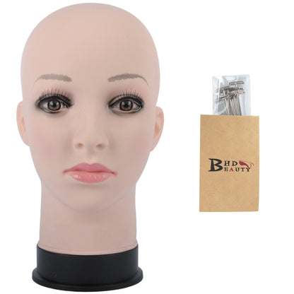 BHD BEAUTY Bald Mannequin Head Beige Female Professional Cosmetology for Wig Making, Display wigs, eyeglasses, hairs with T pins 22"