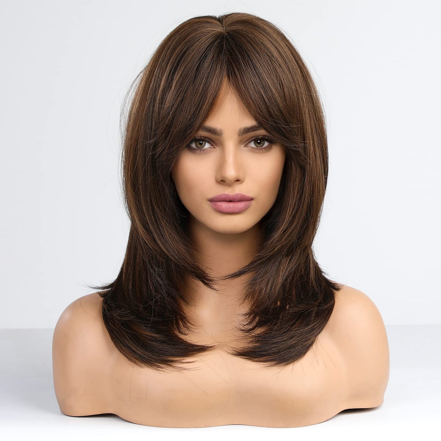 Alanhair Brown Wigs for Women,HAIRCUBE Long Layered Wigs with Bangs Heat Resistant Synthetic Fibre Wigs