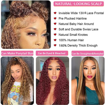 Chesma 30inch Highlight Ombre Lace Front Wig Human Hair 13x4 HD Honey Blonde 4/27 Deep Wave Lace Frontal Wigs Glueless Wigs Human Hair Pre Plucked with Baby Hair 180 Density