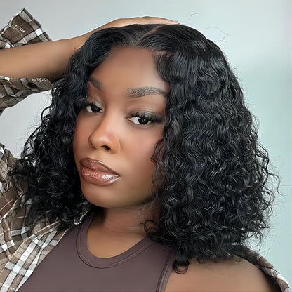 ISEE Wear and Go Glueless Wigs Bob Wigs Human Hair Pre Plucked Water Wave Lace Front Wigs Human Hair Upgraded No Glue Transparent Lace Closure Wigs Human Hair for Women Natural Black 10 Inch