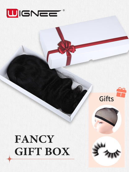 WIGNEE Natural Wave Wigs with Bangs 100% Brazilian Human Hair Wave Wigs Natural Black (18 Inch 1B)