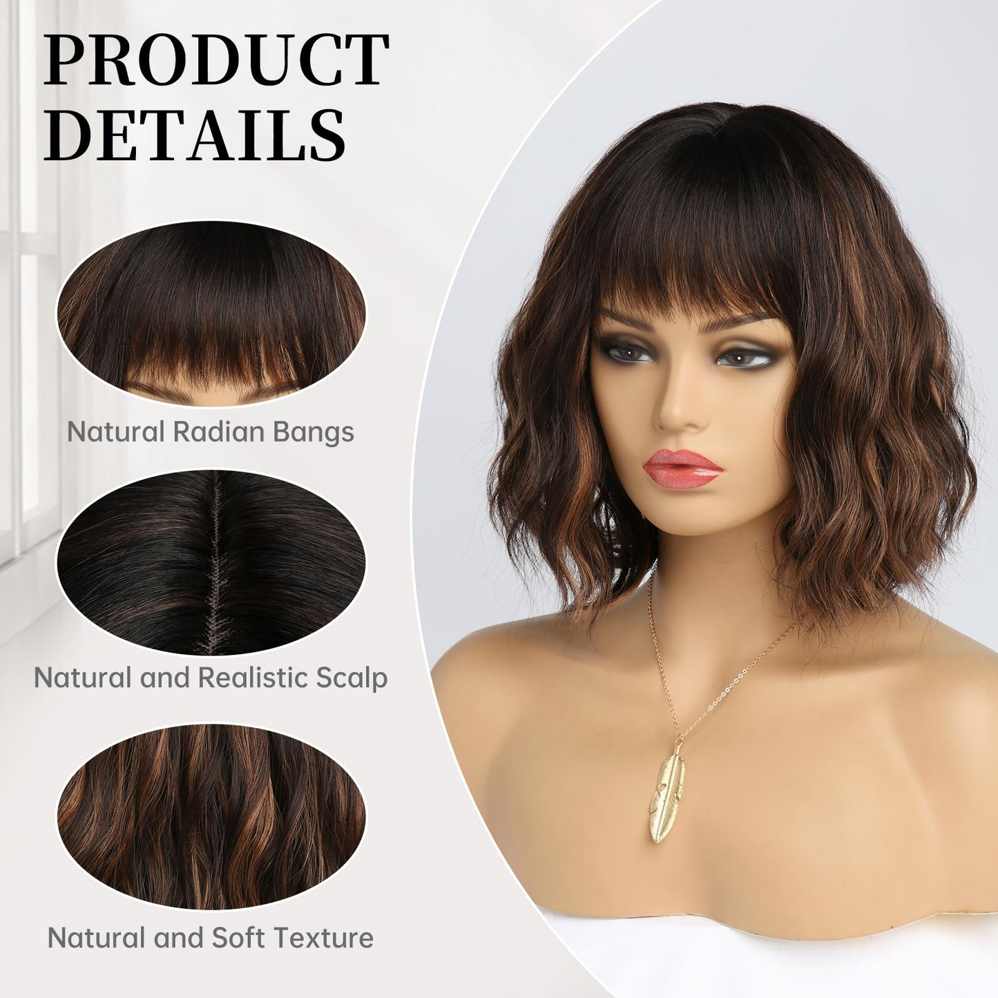 EssionTech Short Dark Brown Wig with Highlight Wigs for Women Brown Mixed Gold Wig Highlights with Bangs Medium Length Synthetic Hair Wavy Bob Wig Colorful Wigs（14 Inches）