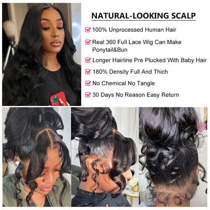 Aaliweya 360 Lace Front Wigs Body Wave 360 HD Full Lace Frontal Wigs for Women Human Hair Pre Plucked with Baby Hair 180% Glueless Wig Can Make Bun And High Ponytail Natural Black Color 22Inch