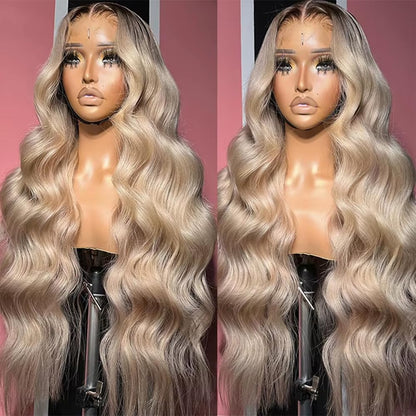 CIYOO 13x6 Ombre Ash Blonde Wigs Human Hair 200% Density Ash Blonde Body Wave Lace Front Wigs for Women Milk Tea Blonde Colored Human Hair Wigs Pre Plucked 28 Inch