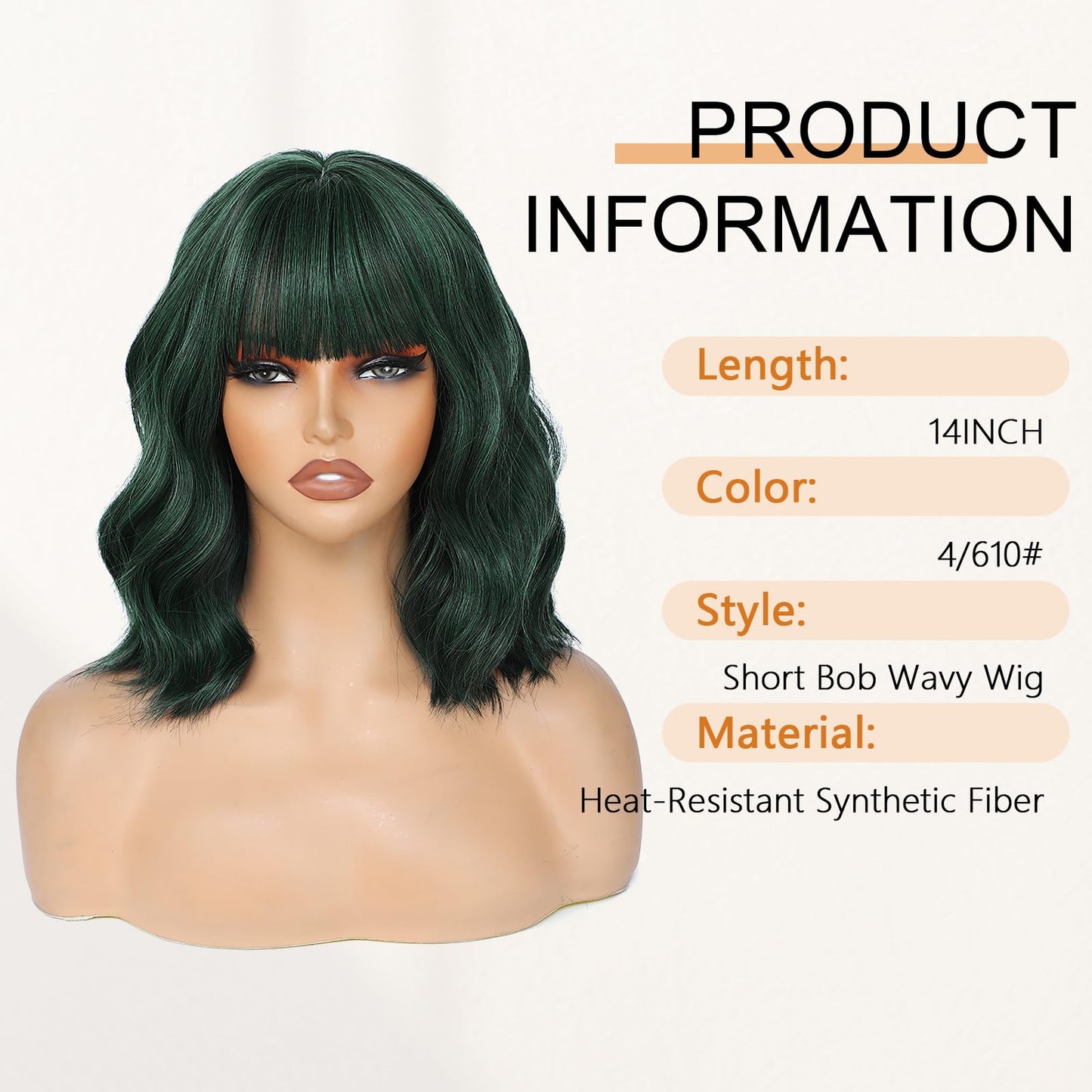 AGO Short Bob Wig with Bangs Dark Green Loose Wave Wigs Shoulder Length 14Inch for Women Colorful Costume Wig Heat Resistant Fiber Hair for Daily Party Halloween Cosplay Use(4/610#DarkGreen)