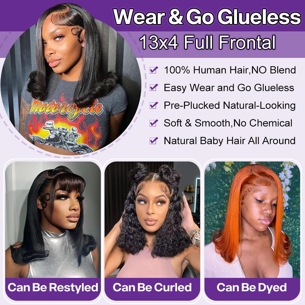 HIRIREMY Bob Wig Human Hair 13x4 HD Lace Frontal Short Straight Lace Front Bob Wigs for Black Women Human Hair Pre Plucked Glueless Side Part 180% Density Black Color 16 Inch