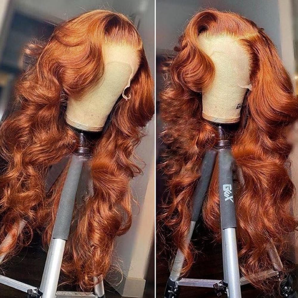 Daphernew 200 Density 13x6 Reddish Brown Lace Front Wigs Human Hair Pre Plucked 13x6 HD Transparent Body Wave Lace Front Wigs With Baby Hair Ginger #33 Colored Human Hair Wig For Women (22 Inch)