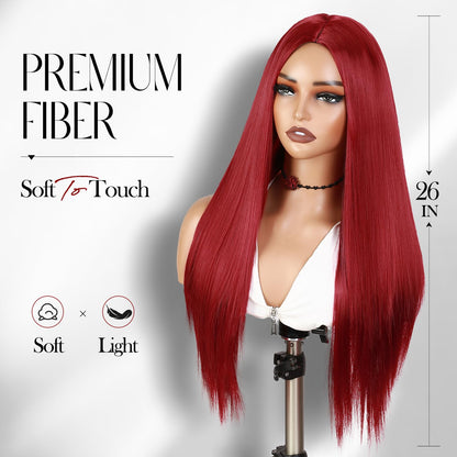 WIGER Red Wigs For Women Long Straight Red Hair Wig Middle Part Synthetic Colored Mermaid Cosplay Wig No Lace Nature Looking Girls Red Costume Full Wigs