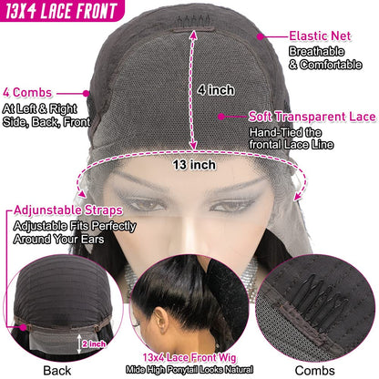 Hermosa 13x4 HD Lace Front Wigs Human Hair Pre Plucked with Baby Hair 180 Density Transparent 10A Remy Brazilian Straight Lace Frontal Human Hair Wigs for Black Women 16inch