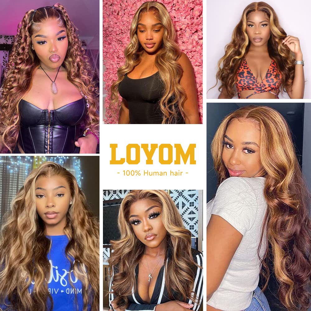 Loyom Body Wave Ombre Lace Front Wig Human Hair Pre Plucked 13x4 HD Transparent 4/27 Highlight Lace Front Wig Human Hair 200 Density Honey Blonde Wig 24 Inch