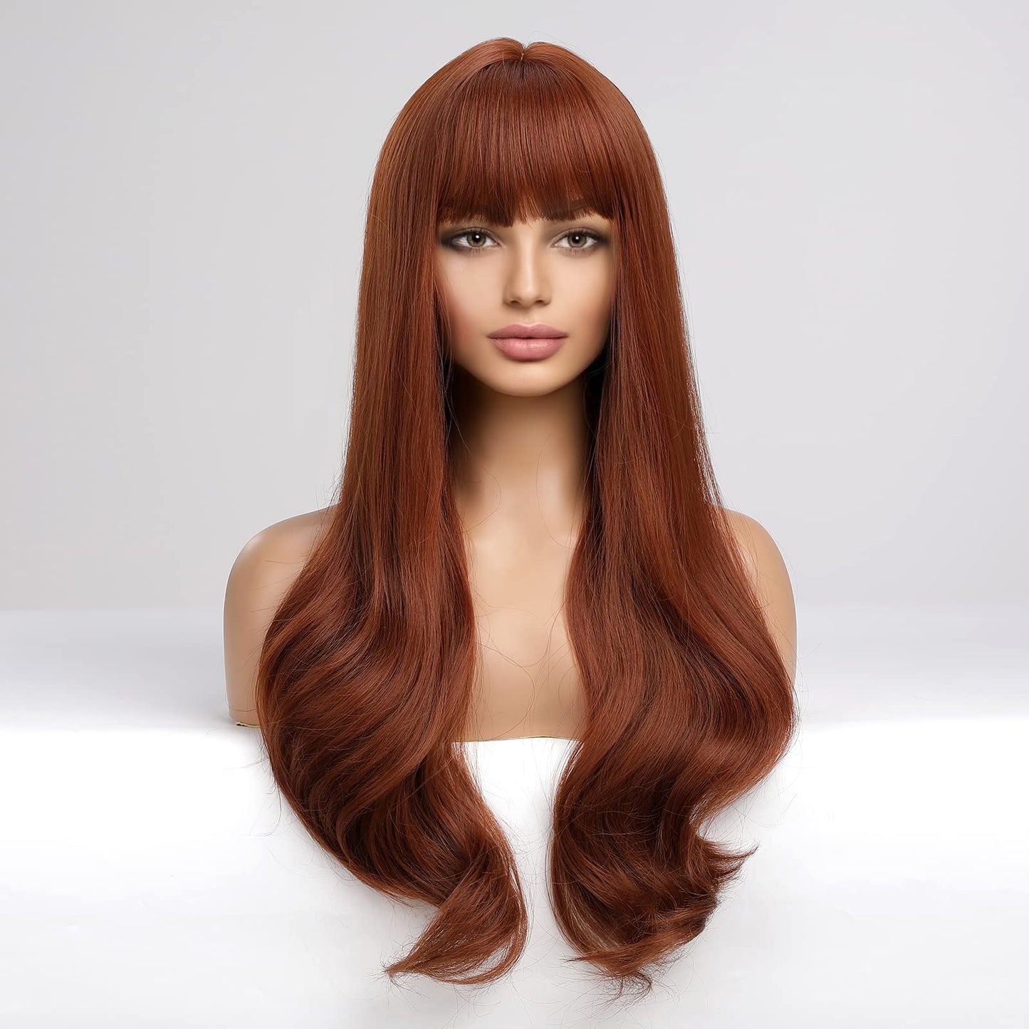 HAIRCUBE Auburn Wigs with Bangs Synthetic Women's Wig Long Wavy Layered Heat-Resistant Wig for Daily Use Natural and comfortable