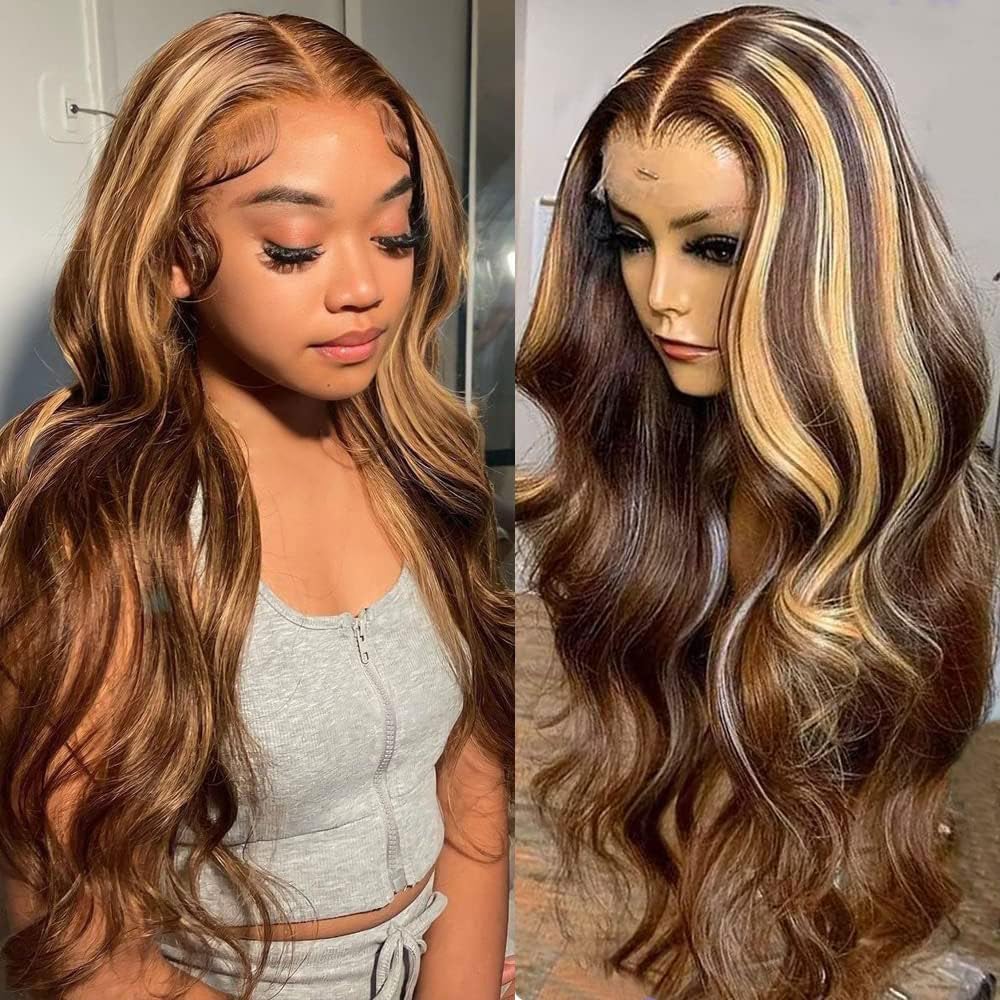 26 Inch Honey Blonde Lace Front Wig Human Hair Pre Plucked 13x4 HD Transparent 4/27 Highlight Ombre Lace Front Wig Human Hair for Women Body Wave Frontal Wig Human Hair with Baby Hair 200 Density