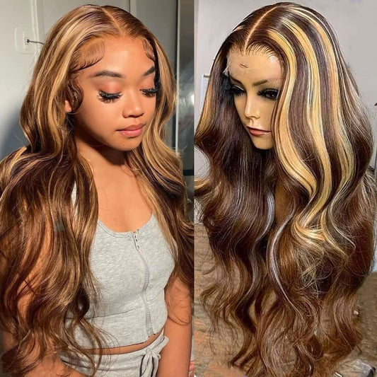 26 Inch Honey Blonde Lace Front Wig Human Hair Pre Plucked 13x4 HD Transparent 4/27 Highlight Ombre Lace Front Wig Human Hair for Women Body Wave Frontal Wig Human Hair with Baby Hair 200 Density