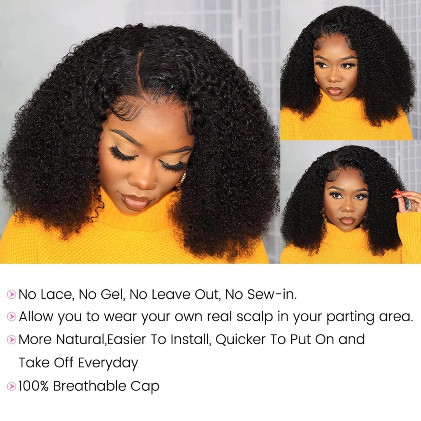 ISEE V Part Human Hair Kinky Curly Minimal/No Leave Out Upgrade U Part Wig for Black Women Human Hair V Shape Wig Kinky Curly Thin Part Glueless Clip In Half Wig 180% Density Natural Color 16 Inch