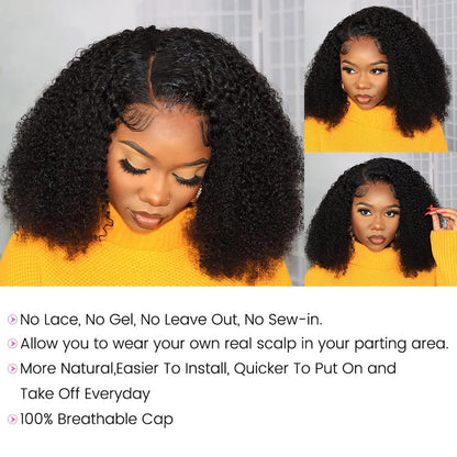 ISEE V Part Human Hair Kinky Curly Minimal/No Leave Out Upgrade U Part Wig for Black Women Human Hair V Shape Wig Kinky Curly Thin Part Glueless Clip In Half Wig 180% Density Natural Color 16 Inch