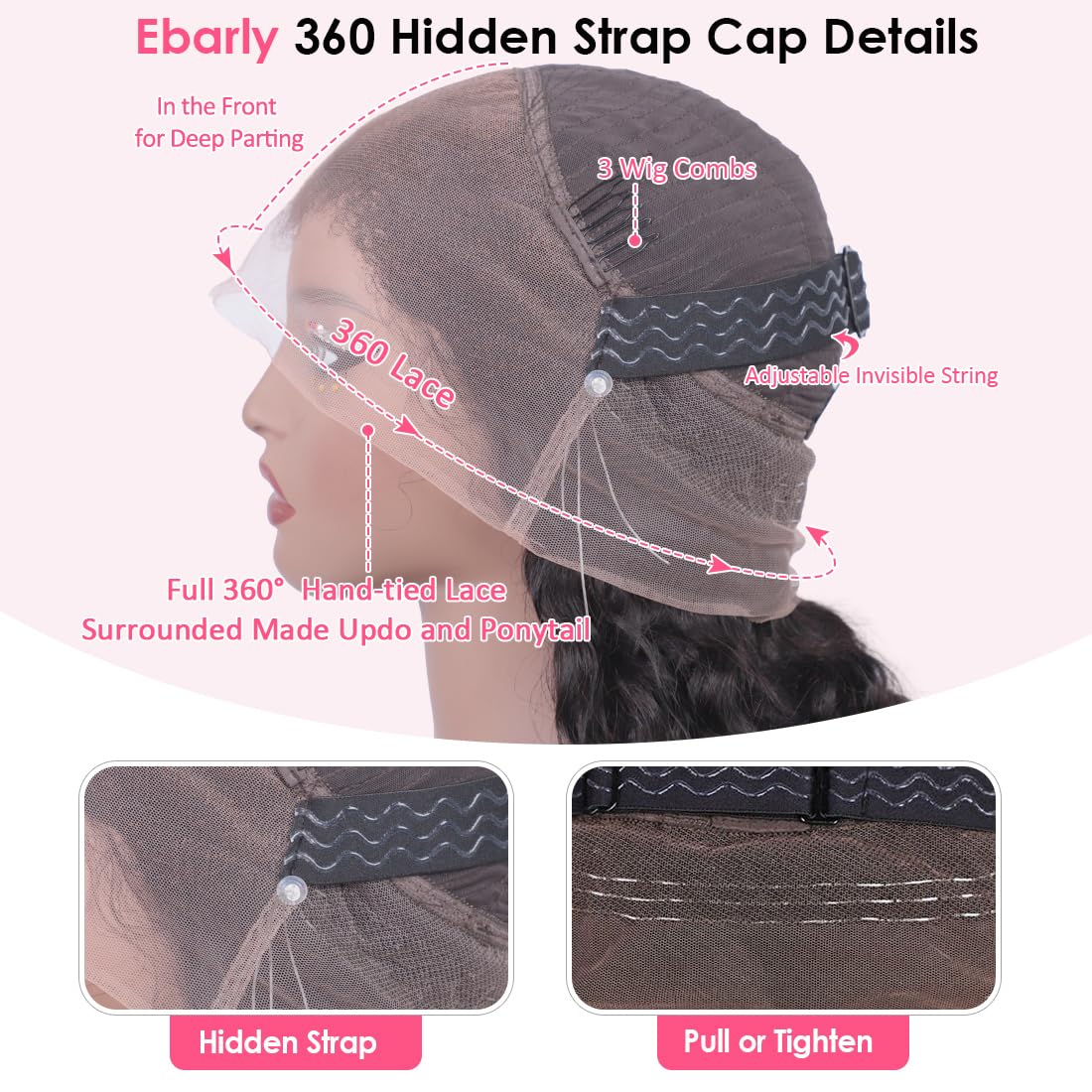 Ebarly Hidden Strap 360 Full Lace Front Wigs Human Hair Pre Plucked Bleached Knots 180 Density Water Wave HD Lace Frontal Wig with Drawstring Natural Hairline Glueless Wigs for Women(24 inch)