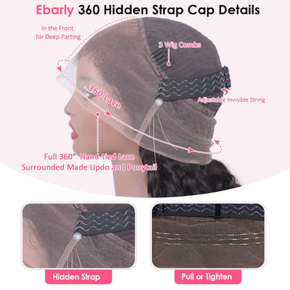 Ebarly Hidden Strap 360 Full Lace Front Wigs Human Hair Pre Plucked Bleached Knots 180 Density Water Wave HD Lace Frontal Wig with Drawstring Natural Hairline Glueless Wigs for Women(24 inch)