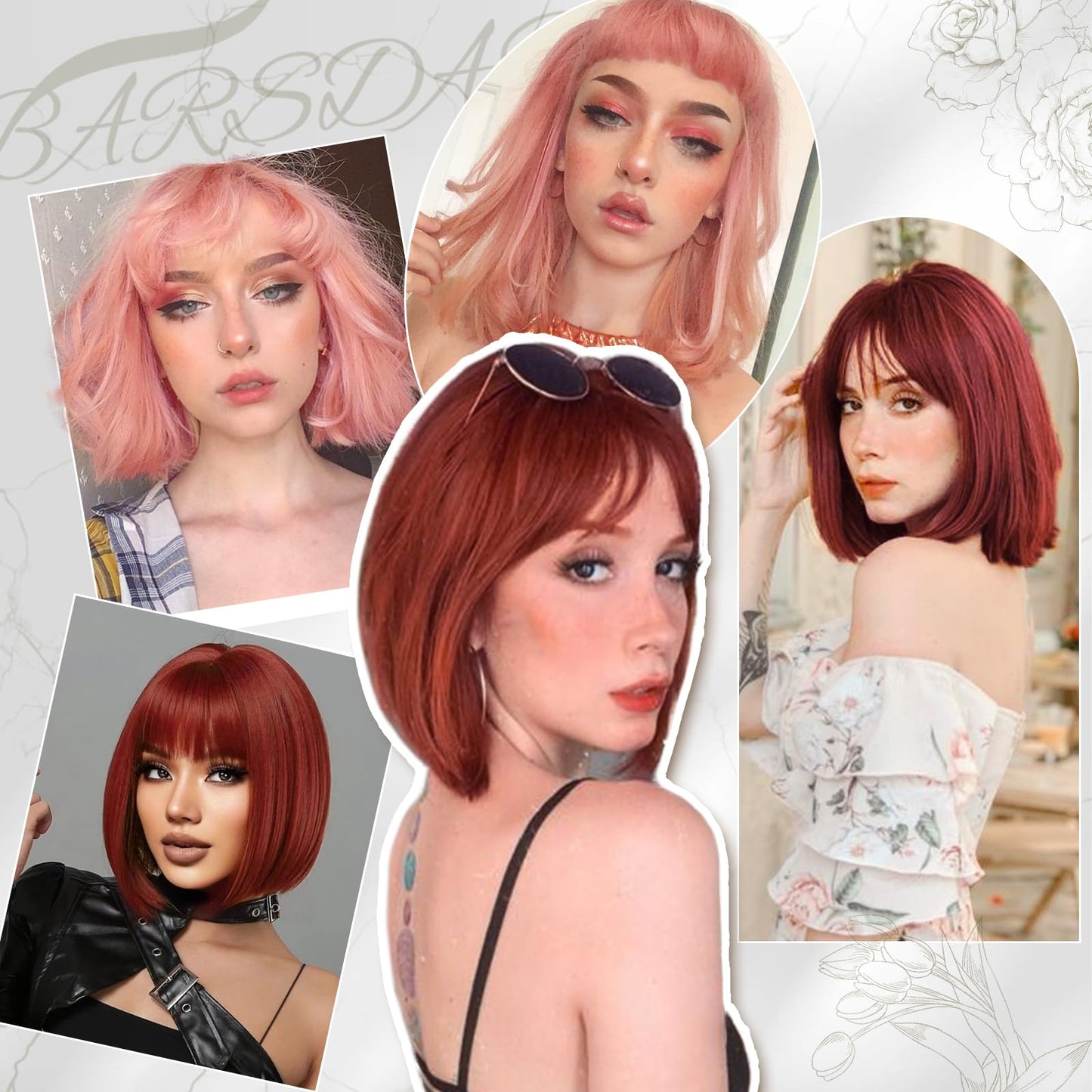 BARSDAR Short Bob Wig with Bangs - Short Copper Red Bob Wig with Bangs for Women - 12 Inch Chin-Length Natural Looking Soft Synthetic Hair Replacement Daily Halloween Party Copper Red Wigs