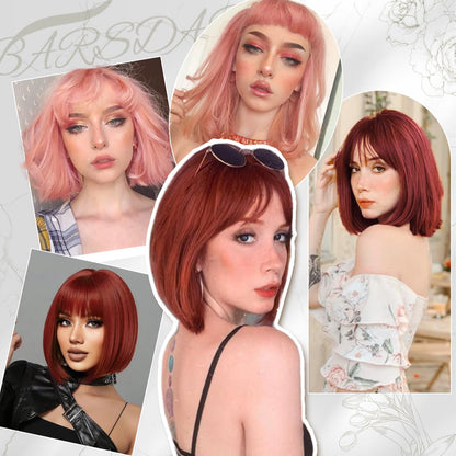 BARSDAR Short Bob Wig with Bangs - Short Copper Red Bob Wig with Bangs for Women - 12 Inch Chin-Length Natural Looking Soft Synthetic Hair Replacement Daily Halloween Party Copper Red Wigs