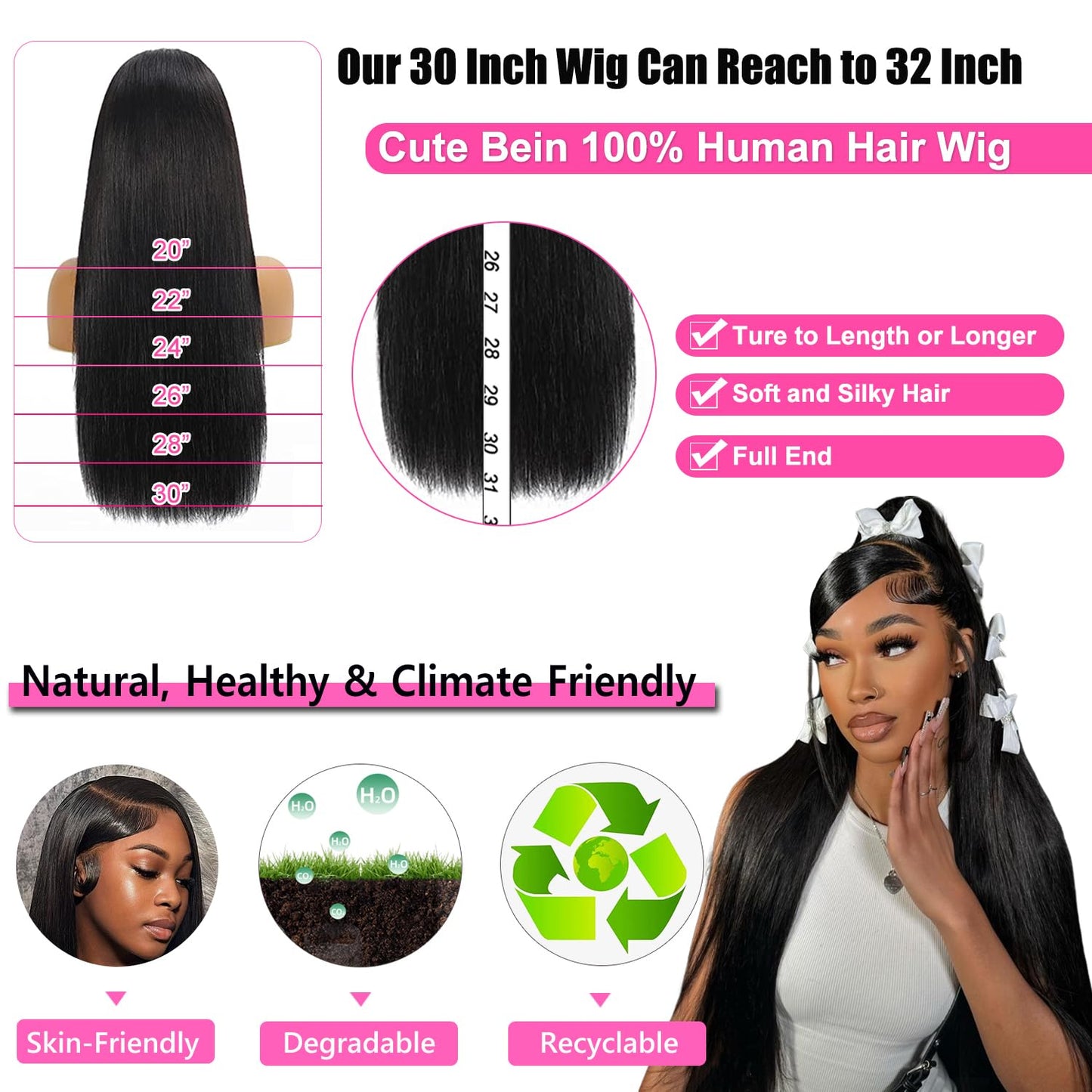 CUTE BEIN 250 Density 30 Inch Lace Front Wigs, 100% Human Hair,[2-Year Life,260g], 13x6 Straight HD Transparent Lace Frontal Wigs for Black Women, Glueless Wigs Pre Plucked with Baby Hair