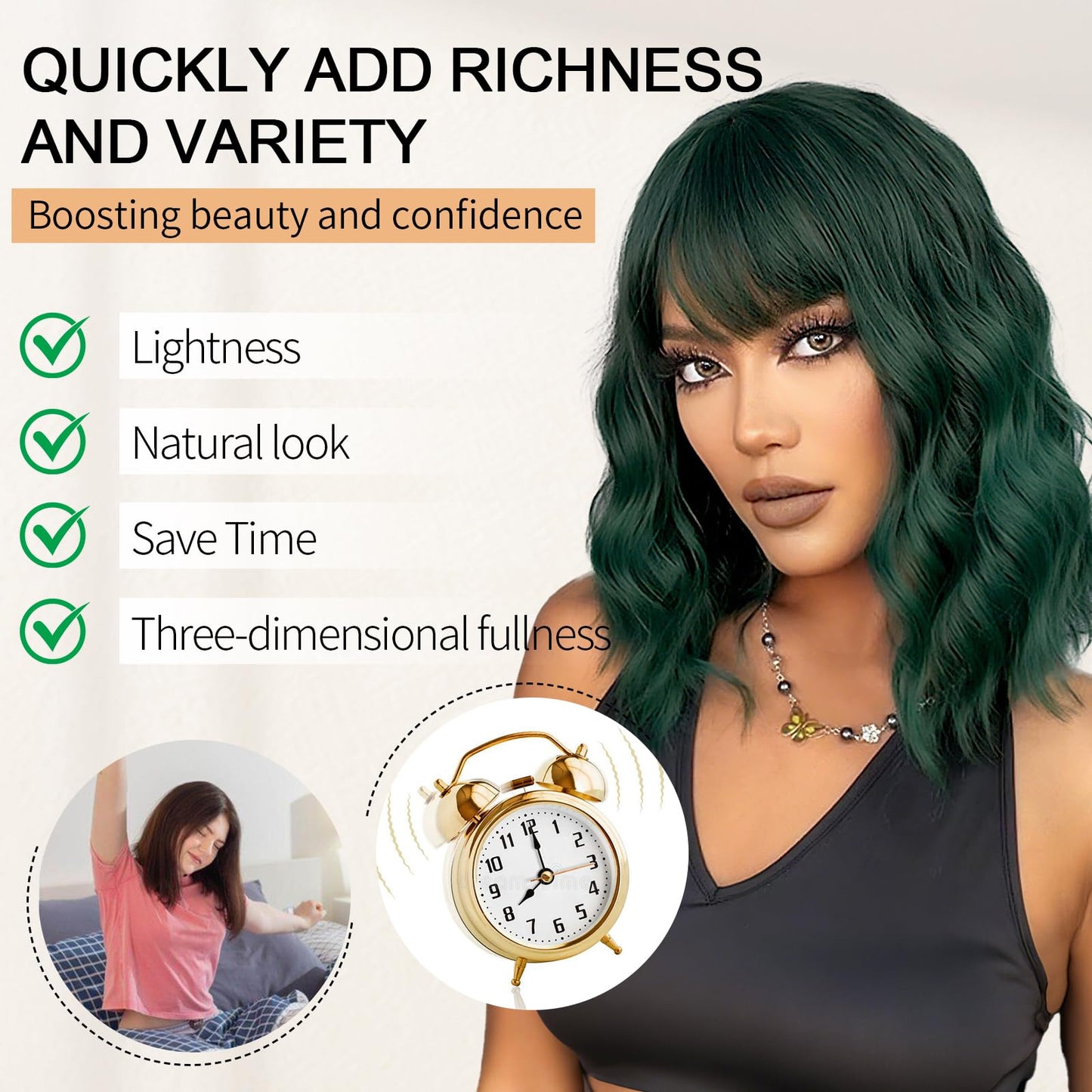 AGO Short Bob Wig with Bangs Dark Green Loose Wave Wigs Shoulder Length 14Inch for Women Colorful Costume Wig Heat Resistant Fiber Hair for Daily Party Halloween Cosplay Use(4/610#DarkGreen)