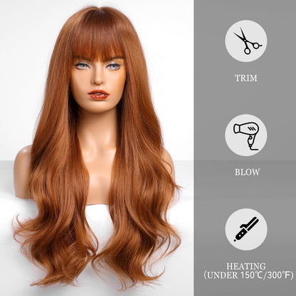 HAIRCUBE Auburn Wig with Bangs for Women Auburn Long Wavy Hair Wig Curly Wavy Synthetic Wigs for Girls Daily Party Use