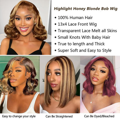 Honey Blonde Bob Wig Human Hair 16 Inch 13x4 Body Wave 4/27 Highlight Ombre HD Lace Front Wigs Human Hair Pre Plucked Glueless Lace Frontal Bob Wigs for Women