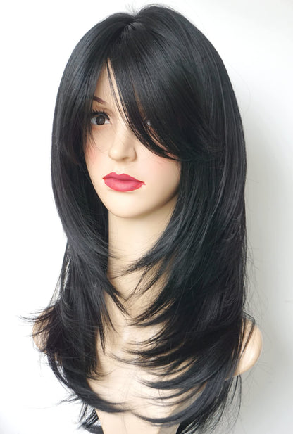 Black wig with bangs Layered Wigs for white Women black hair wig Synthetic Wigs Flow out Curl for White Women (Black)