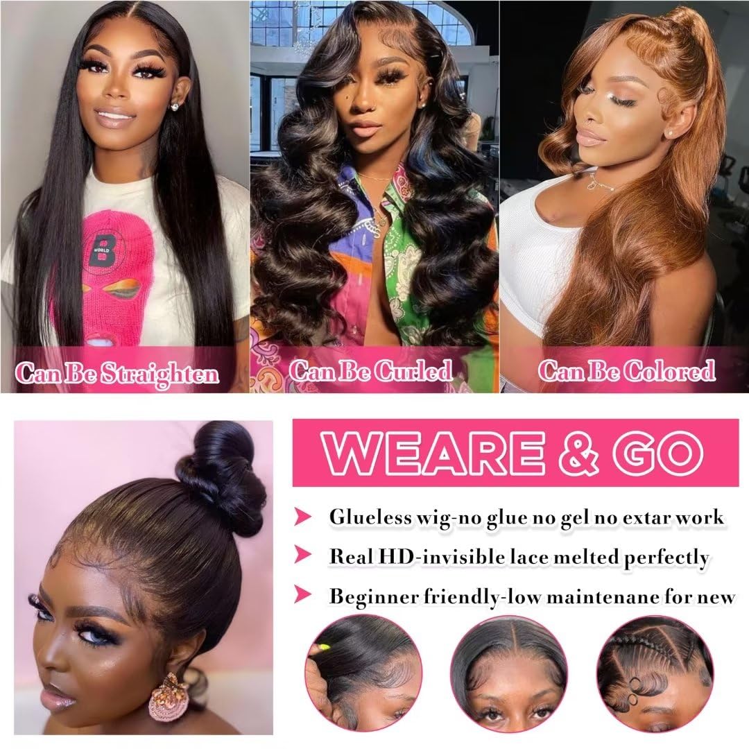 Aaliweya 5x5 Wear and Go Glueless Wig Pre Cut Lace Closure Wigs for Women 5x5 Hd Lace Closure Wigs Human Hair Pre Plucked Body Wave Closure Wig 180% Density Natural Black 22inch
