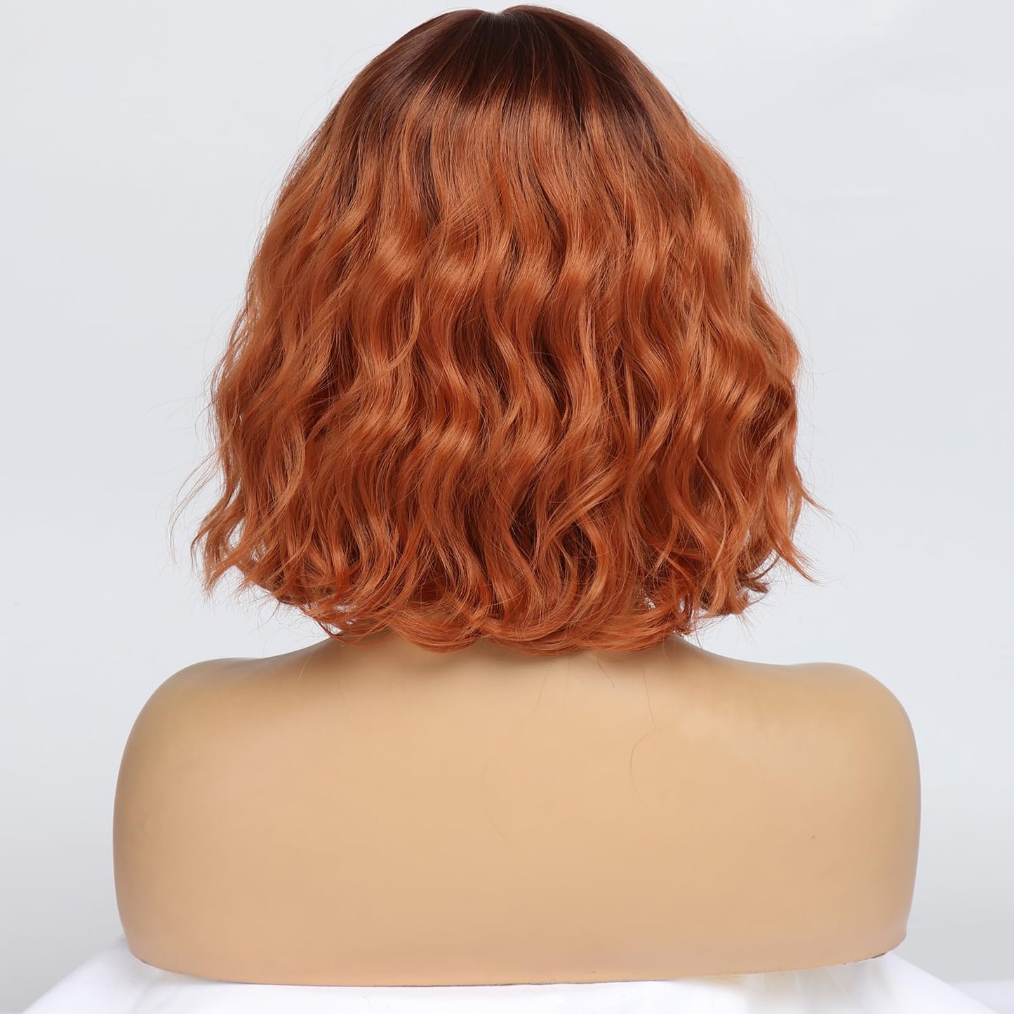 EssionTech Short Copper Red Wigs for Women Fox Red Wig Ombre Red Dark Root Culy Bob Wigs with Bangs Ginger Hair Wig Wavy Synthetic Wigs(12Inches)
