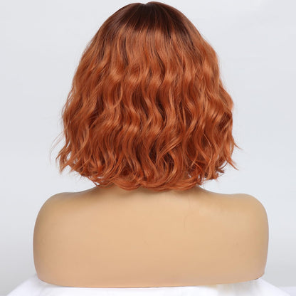 EssionTech Short Copper Red Wigs for Women Fox Red Wig Ombre Red Dark Root Culy Bob Wigs with Bangs Ginger Hair Wig Wavy Synthetic Wigs(12Inches)