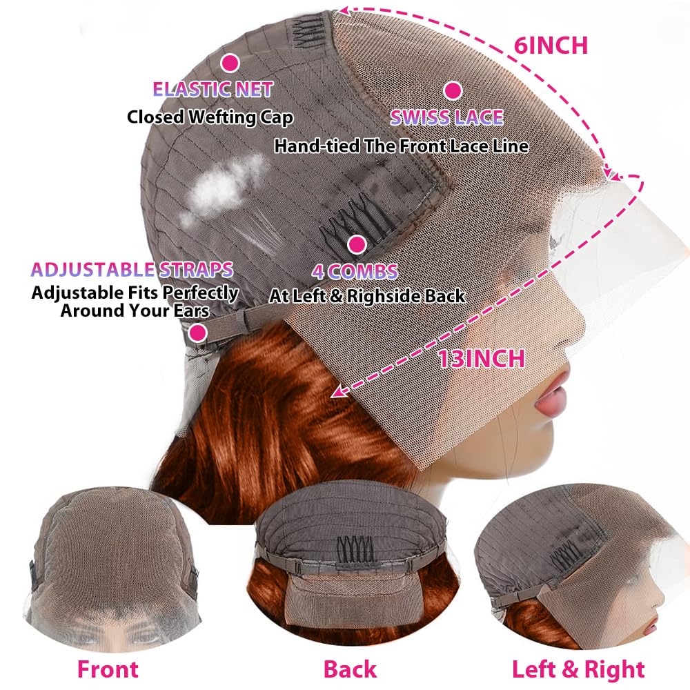 Daphernew 200 Density 13x6 Reddish Brown Lace Front Wigs Human Hair Pre Plucked 13x6 HD Transparent Body Wave Lace Front Wigs With Baby Hair Ginger #33 Colored Human Hair Wig For Women (22 Inch)